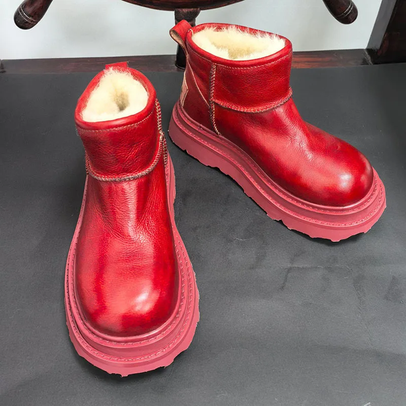 

Fur Wool Snow Boots Waterproof Women Genuine Leather Thick-soled Ankle Boots Retro Round-toe Plush Warm Cotton Shoes Women Boots