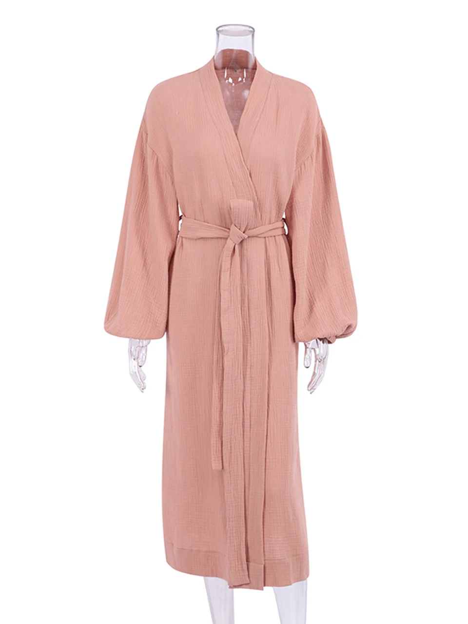 Linad Solid Color Sleepwear Women\'s Robe Puff Sleeves Bathrobe Female Nightwear Cotton Robes Women Home Wear Spring Loungewear