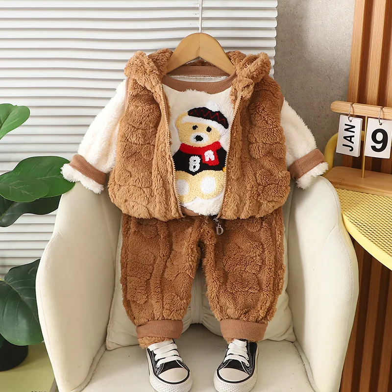 2025 Autumn Winter New Boys Clothing Set Cartoon Bear Sweatshirt+Pants+Vest 3Pcs Suit For 1-5Y Girls Thick Warm Casual Outfit