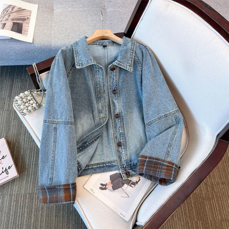 Plaid Spliced Denim Jacket 2026 New Women Spring Autumn Korean Retro Lapel Short  Tops Elegant Casual Single Button Outerwear