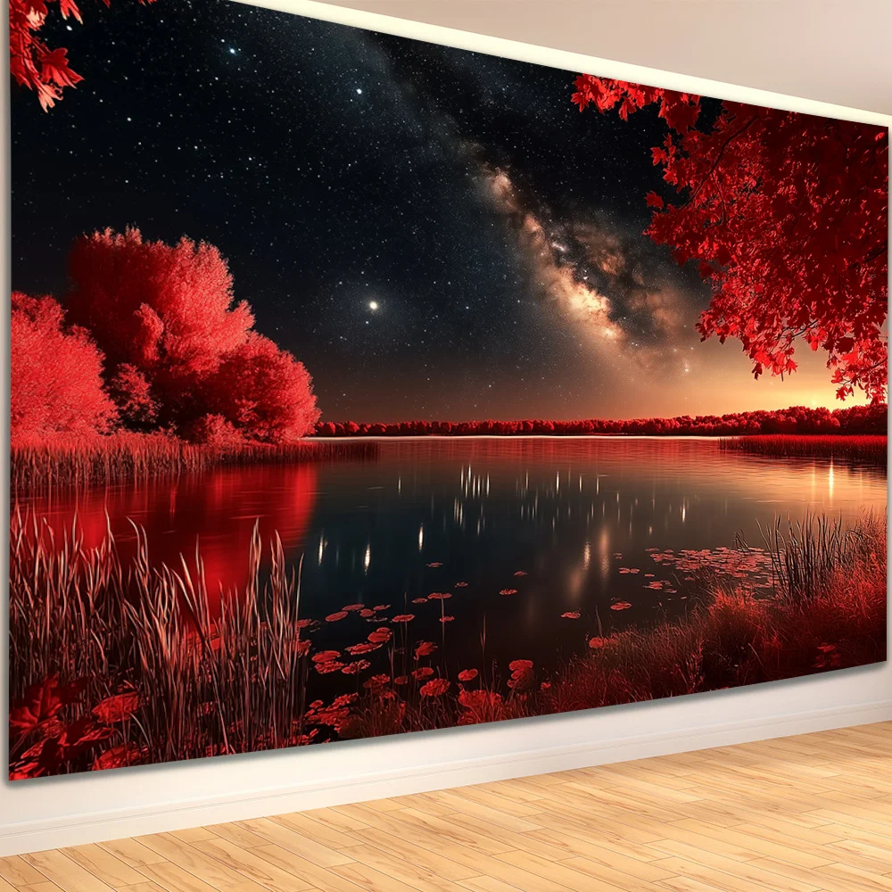 Celestial Milky Way Night Sky Tapestry Wall Decor Galaxy Forest Landscape Red Starry Sky Space Art Print