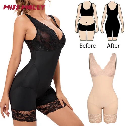 Body moldeador de cuerpo completo para mujer, ropa moldeadora con doble cuello en V, ropa interior de encaje Floral, Control de barriga, levantador de glúteos, Fajas más delgadas de muslos XXXL