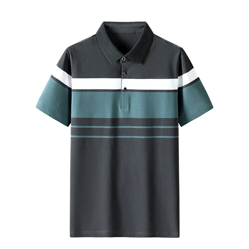 Summer Men's Polo Shirts With Short Sleeve Business Stripes Print Casual Tops Fashion Sport Wear Oversized T Shirts Man Clothes