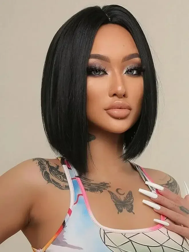 

Short Straight Bob WIG Lace Front Synthetic Shoulder Length Middle Part mix Highlight Wig for Women Daliy Party Cosplay Wigs