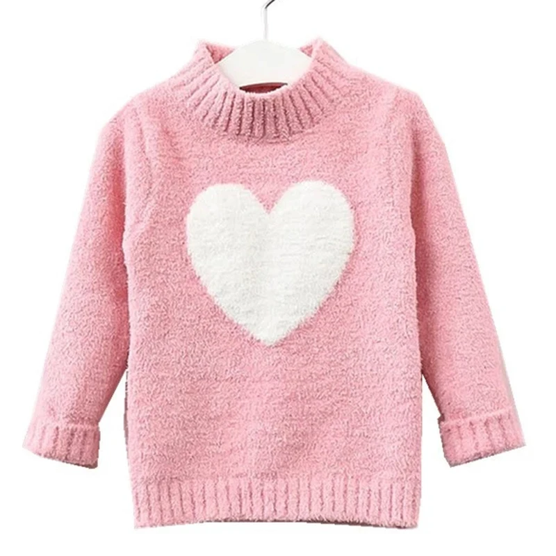 2-9Years Baby Girls Knitted Sweater Winter and Autumn Long Sleeve Warm High Collar Cute Heart Kids Sweater Top Girl Clothes