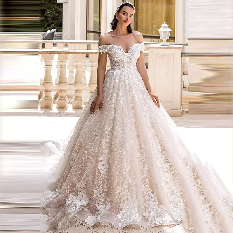 

Flavinke Customized Elegant Ball Gown Wedding Dresses Lace Appliques Off the Shoulder Plus Size Bride Dresses Vestido De Novia