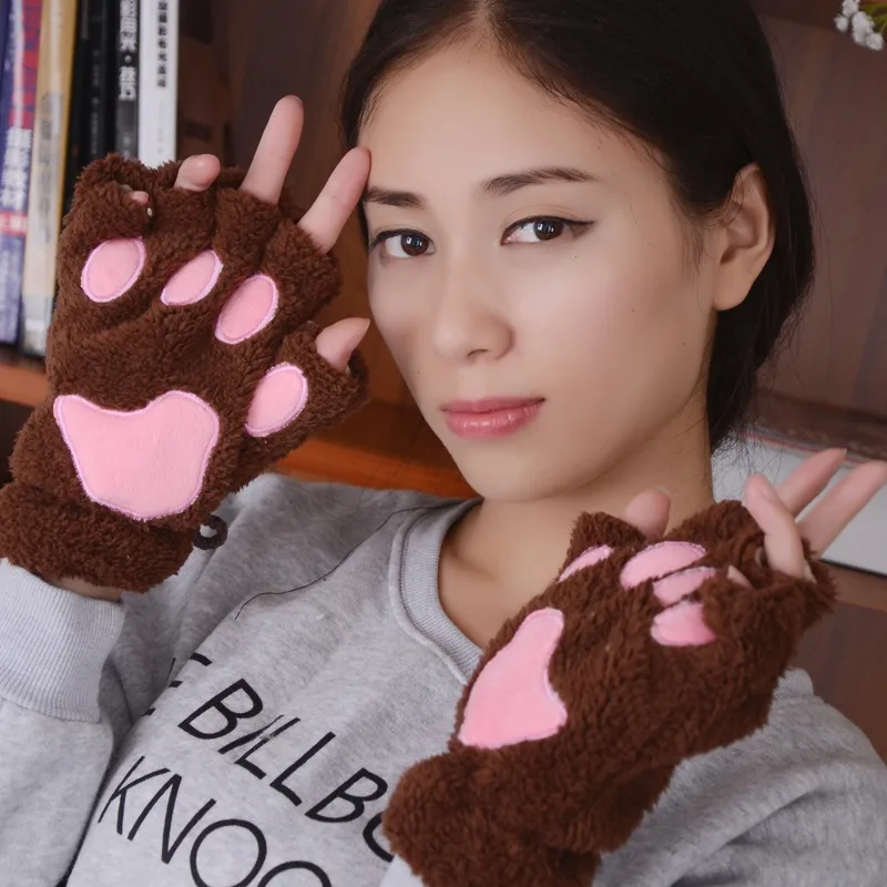 Winter Cute Cartoon Cat Girl Open Finger Cat Claw Warm Gloves Thickened Plush Bear Palm Half Finger Gloves