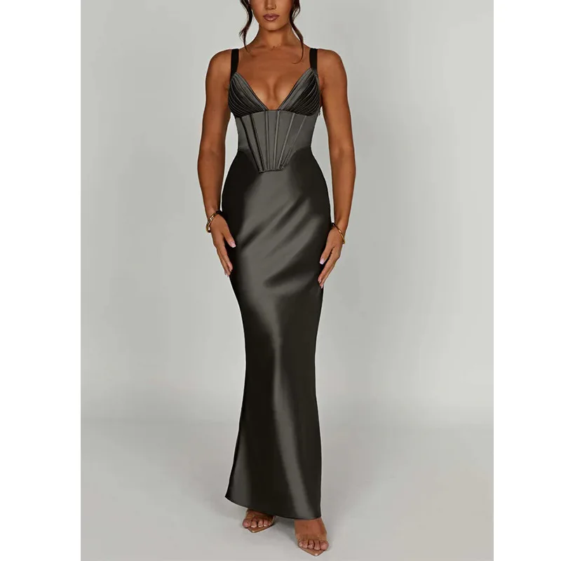 Vestido longo de cetim espinha de peixe feminino alça espaguete elegante estilo europeu e americano