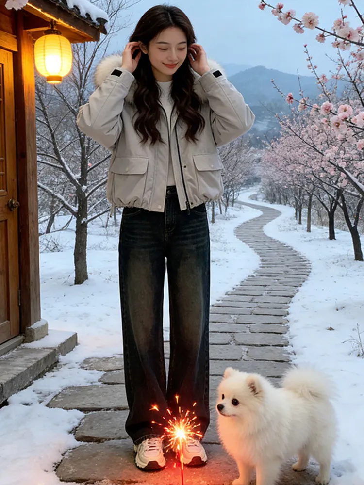 

Корейское женское зимнее модное теплое пальто с капюшоном и большим меховым воротником, хлопковая одежда