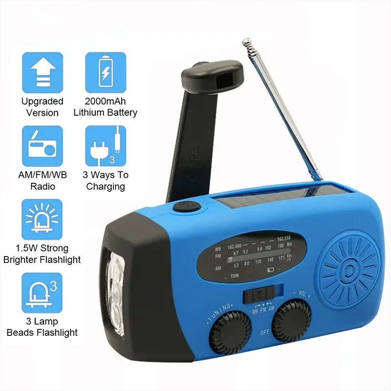 Portable AM/FM Weather Radios Solar Panel with 2000mAh Rechargeable Battery Hand Crank Powered Outdoor Emergency LED Flashlights