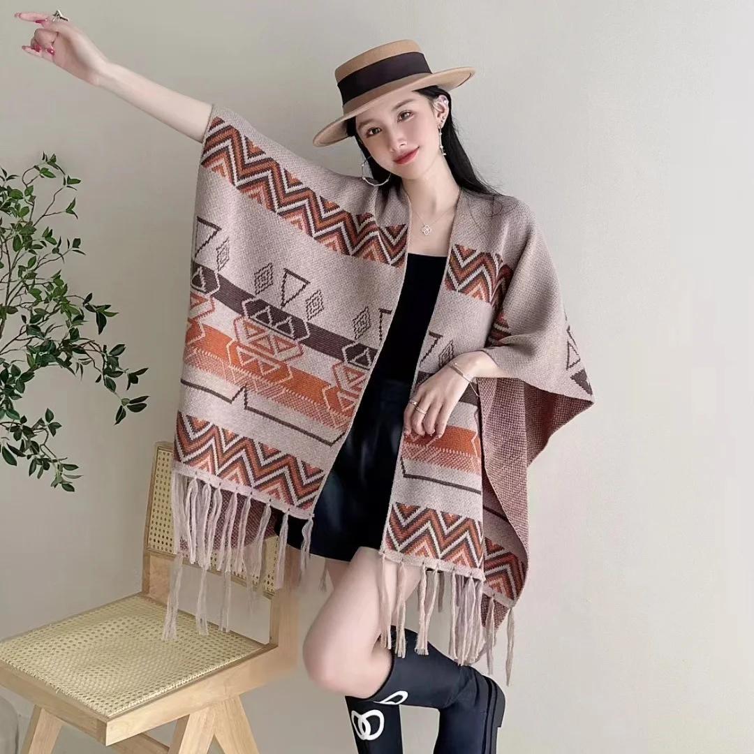 Poncho de caxemira feminino, europeu e americano, estilo étnico, capa borla, xale de viagem, lenços de outono e inverno