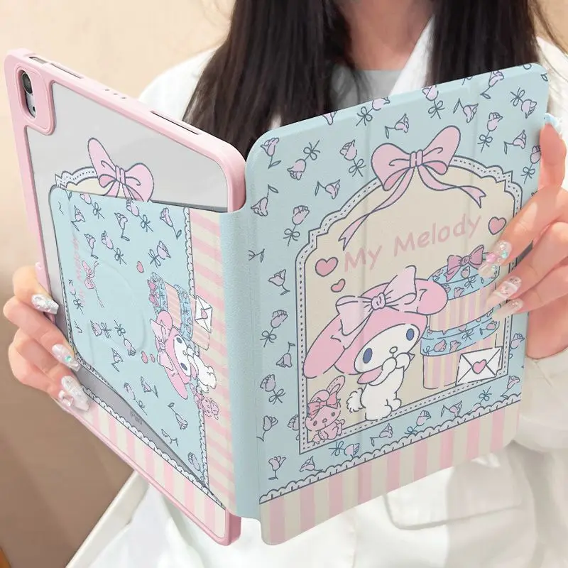 

Sanrio мультфильм вращающийся складной защитный чехол для iPad 9/10 поколения мелодия акриловая новая модель 11-дюймовый слот для ручки милый корпус от падения