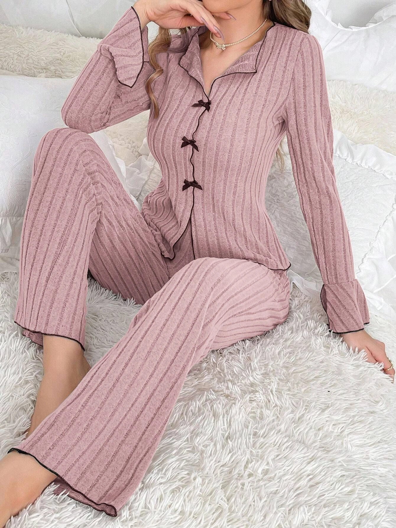 Women Ribbed Pajamas Set Winter Warm Lapel Bow Decor Long Sleeve Sleepwear Contrast Trim Two Piece Casual Loungewear Home Outfit