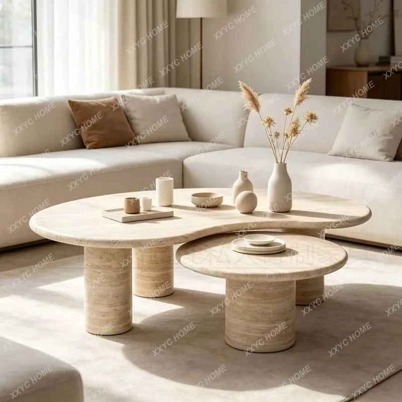 Modern travertine round coffee table household living room wabi-sabi minimalist combination coffee table