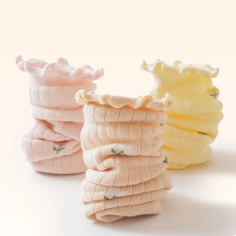 3/6 Pairs Infant Girls Socks Sweet Ruffle Edge Newborn Girls Socks Vintage Flower Print Cotton Long Baby Socks for Girls