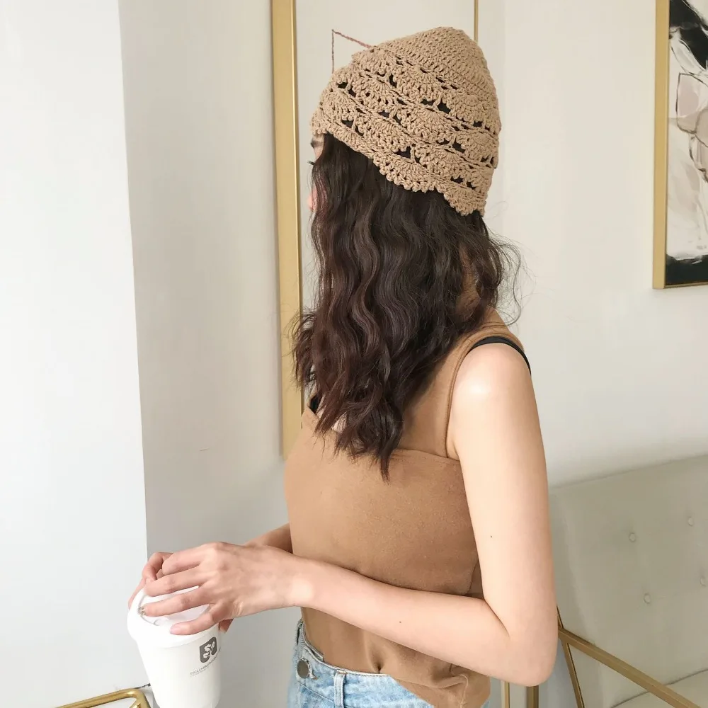 New Casual Handmade Flower Crochet Hat Retro Hollow Melon Leather Mesh Cap Handmade Thin Cap Female