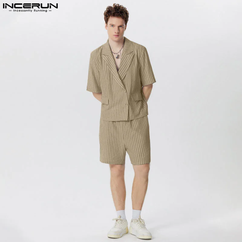 INCERUN Men Sets Solid Color Lapel Short Sleeve Blazer & Shorts Two Pieces Sets Summer Streetwear 2024 Fashion Men Casual Suits