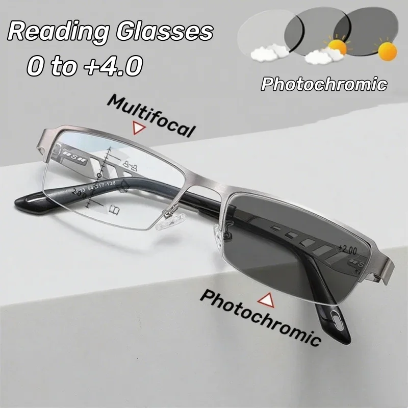 

Square Frame Anti Blue Light Far and Near Dual-use Presbyopia Lenses That Change Colour with The Sun Multifocal Glasses for Men