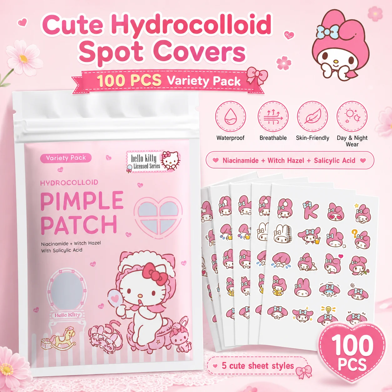 100PCS Parches para el acné Hello Kitty, parches faciales para el acné, parches de hidrogel para eliminar el acné, corrector