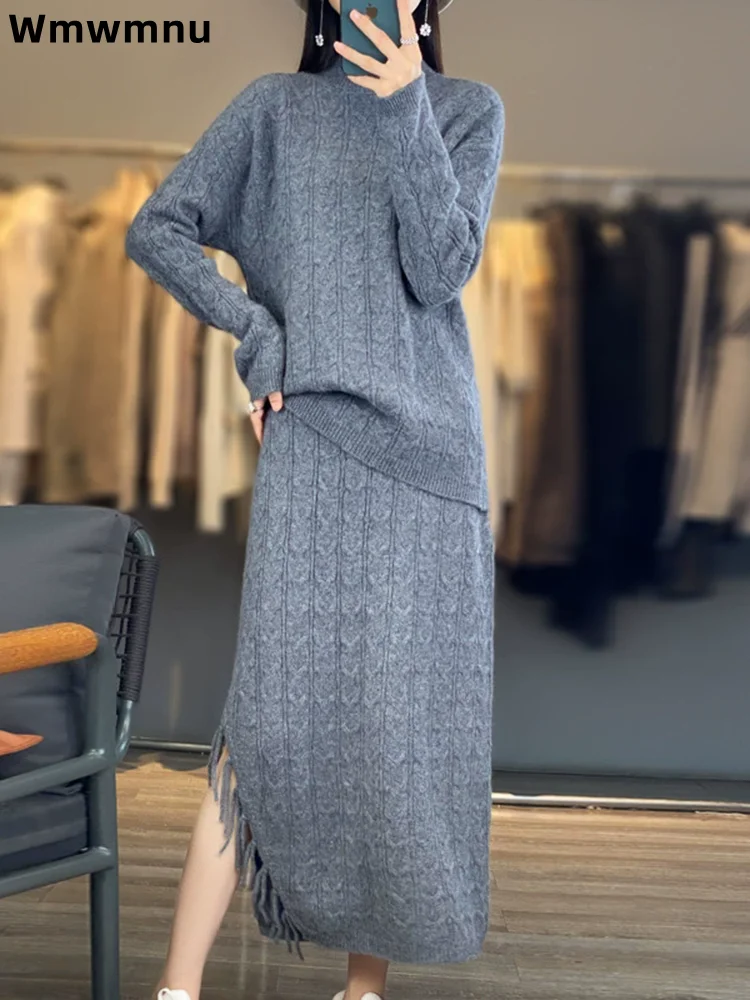 شرابة شق محبوك مجموعة فرقة أزياء أنيقة المرأة عارضة قطعتين مجموعة الكورية تنورة ضئيلة سترة سميكة Conjuntos #1