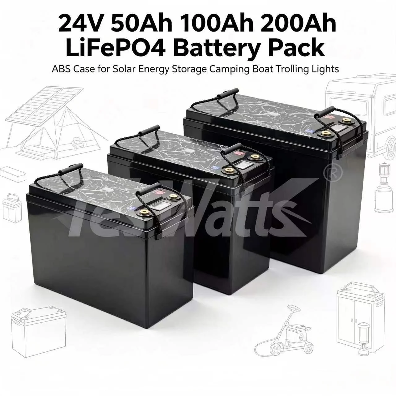 24V 50Ah 100Ah 200Ah Lifepo4 Lithium Battery pack with ABS case for Solar Energy Storage Camping Tent trolling Lights boat