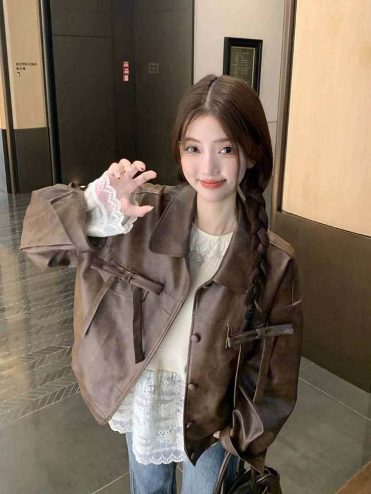 Sweet Bow Vintage Pu Jackets Women Loose Preppy Style American Fall Winter Coat Retro Casual Biker Female All Match Harajuku Top