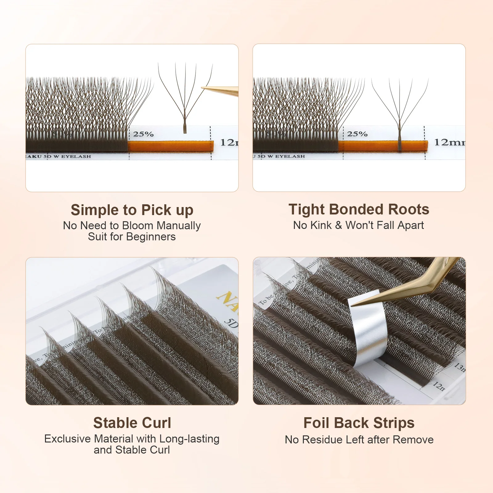 NAGARAKU Brown 5D/4D/3D W رموش على شكل مراوح مسبقة الصنع ملحقات رموش 12 خط/صينية رموش فردية خفيفة طبيعية ناعمة