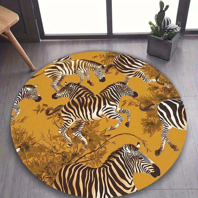Yellow Zebra Vintage Round Area Rug - 2D Printed Non-Slip Floor Mat for Bathroom Living Room & Office Decor, 1PC