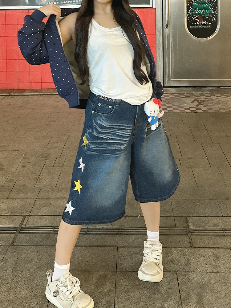 

Retro American Street Style Embroidered Stars Washed Denim Seven-Foot Pants Summer Women Loose Casual Versatile Shorts