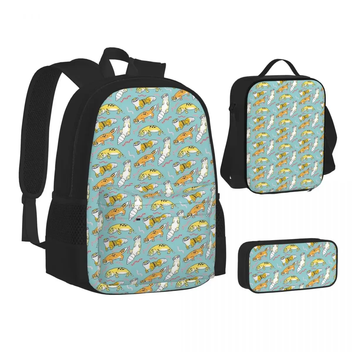 Yellow Leopard Gecko Cartoon Animal Pattern Backpack Bookbag Children School Bag Kids Rucksack Lunch Bag Pen Bag Three-Piece Set