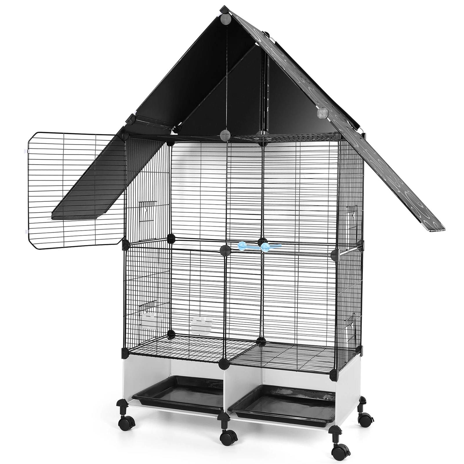 Jaula para pájaros con soporte rodante Jaula para pájaros con forma de casa Jaula grande para pájaros de 2 niveles con cerradura Villa para pájaros para pájaros medianos y grandes