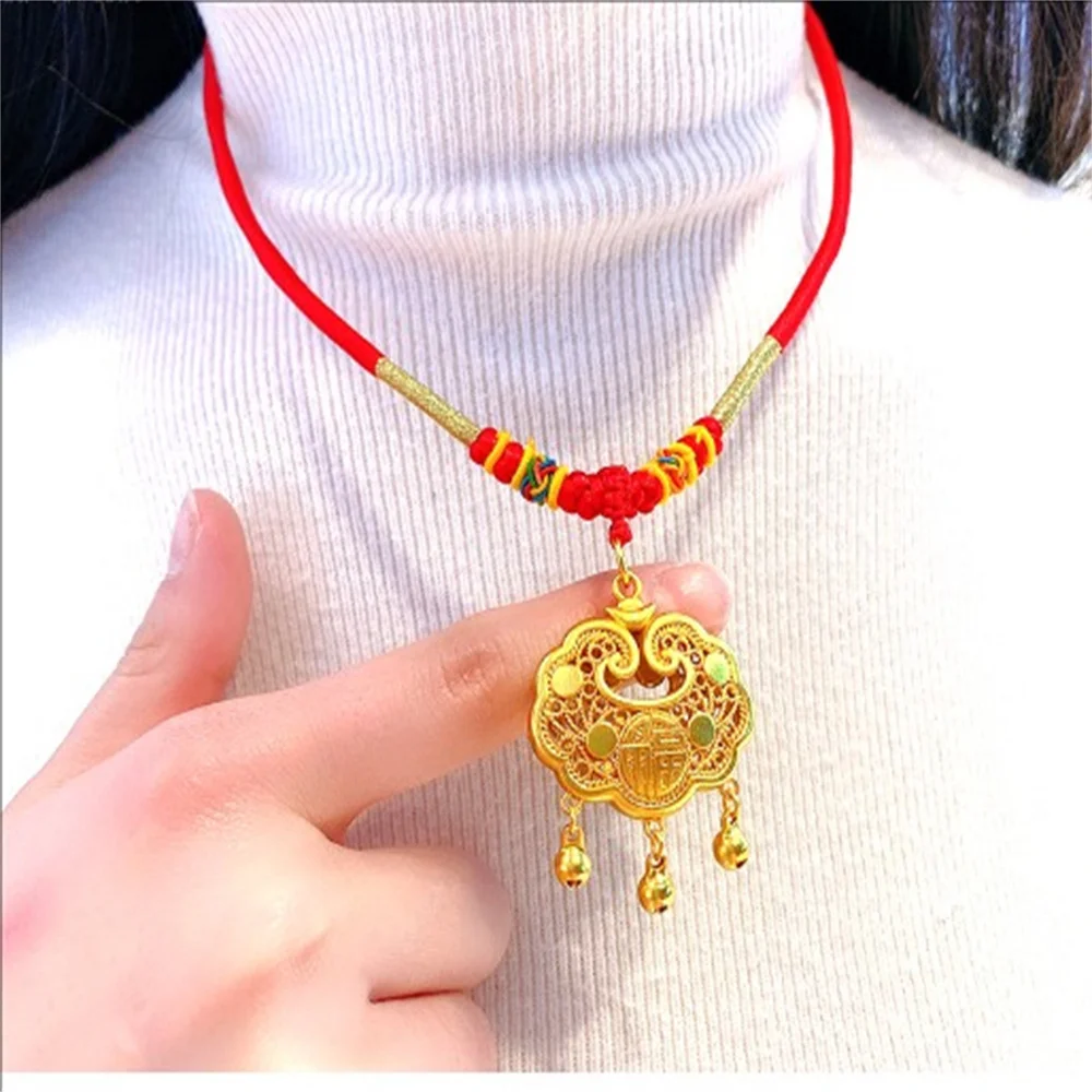 Shajin 999 Baby Gold Lock Pendant Red Rope Fortune Word Long Life Safe Lock Necklace