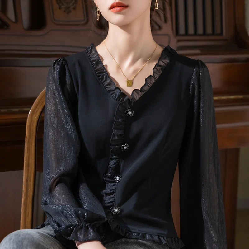 Elegant V-Neck Slim Shirt Female Clothing Solid Color Spring Autumn Long Sleeve Office Lady Stylish Ruffles Bright Silk Blouse