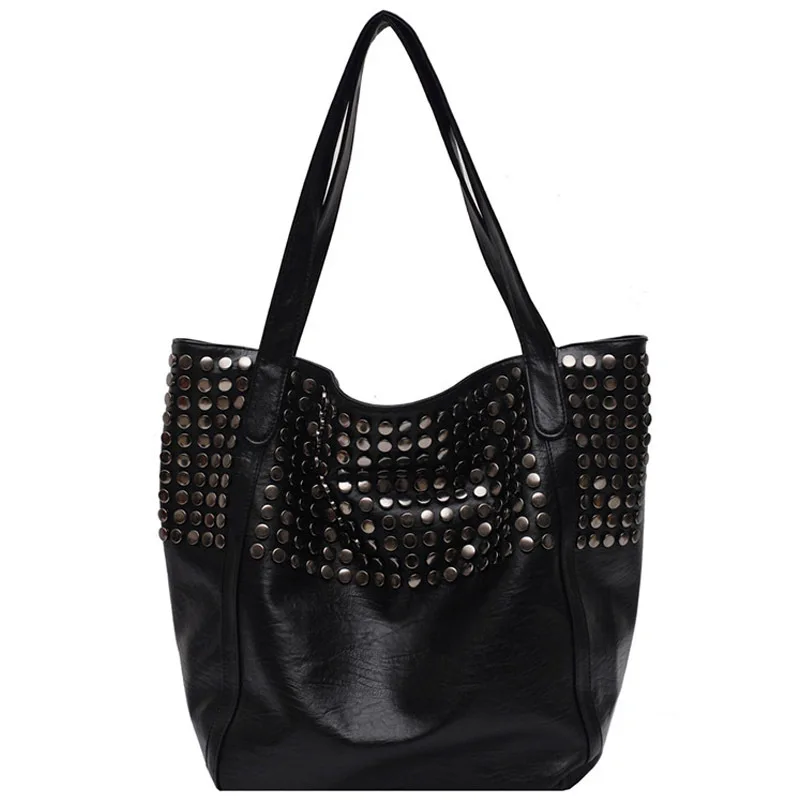 Bolso de mano informal de gran capacidad para mujer, bolso de mano de alta calidad, bolso de hombro de cuero Pu suave con remaches