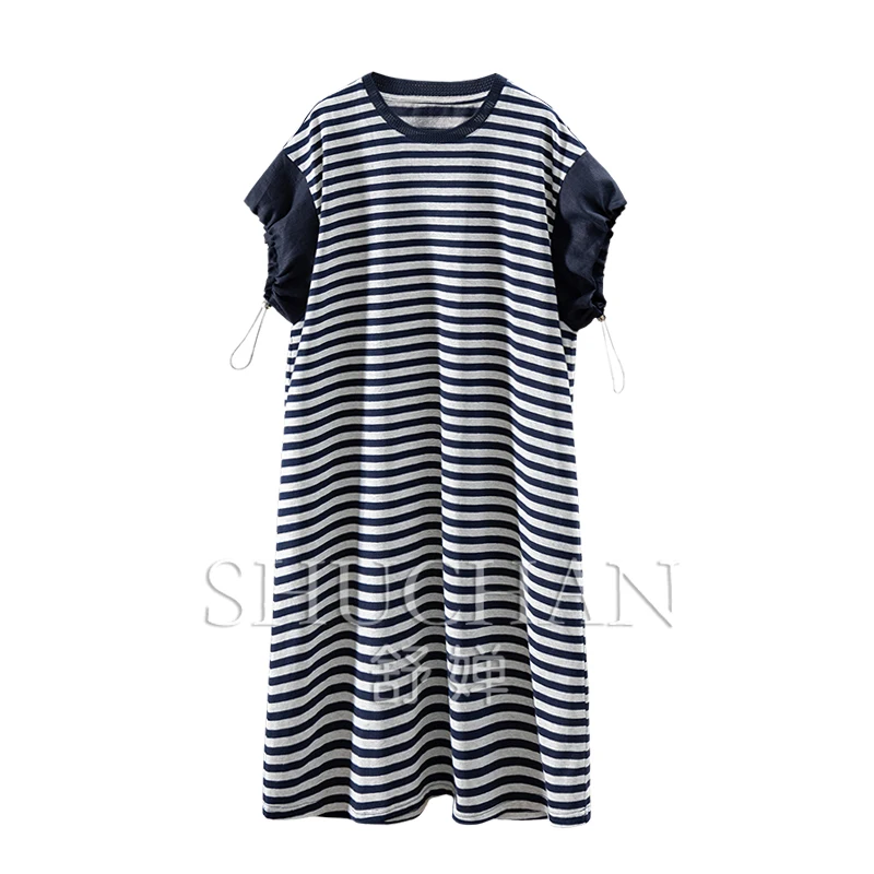 

New Striped T-shirt Lazy Dresses Drawstring Bud Sleeve Dress Women's 8W57 Vestidos Elegantes Para Mujer