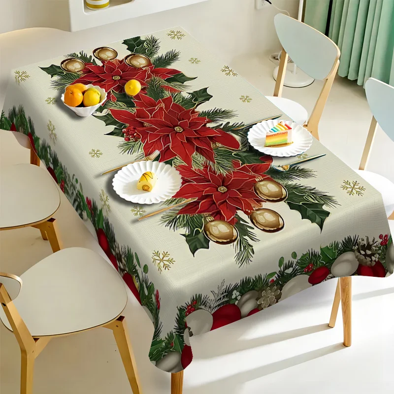 Christmas Poinsettia Snowflake Tablecloth for Table Decor Winter Xmas Ball Pine Kitchen Dining Table Cloth Christmas Decoration