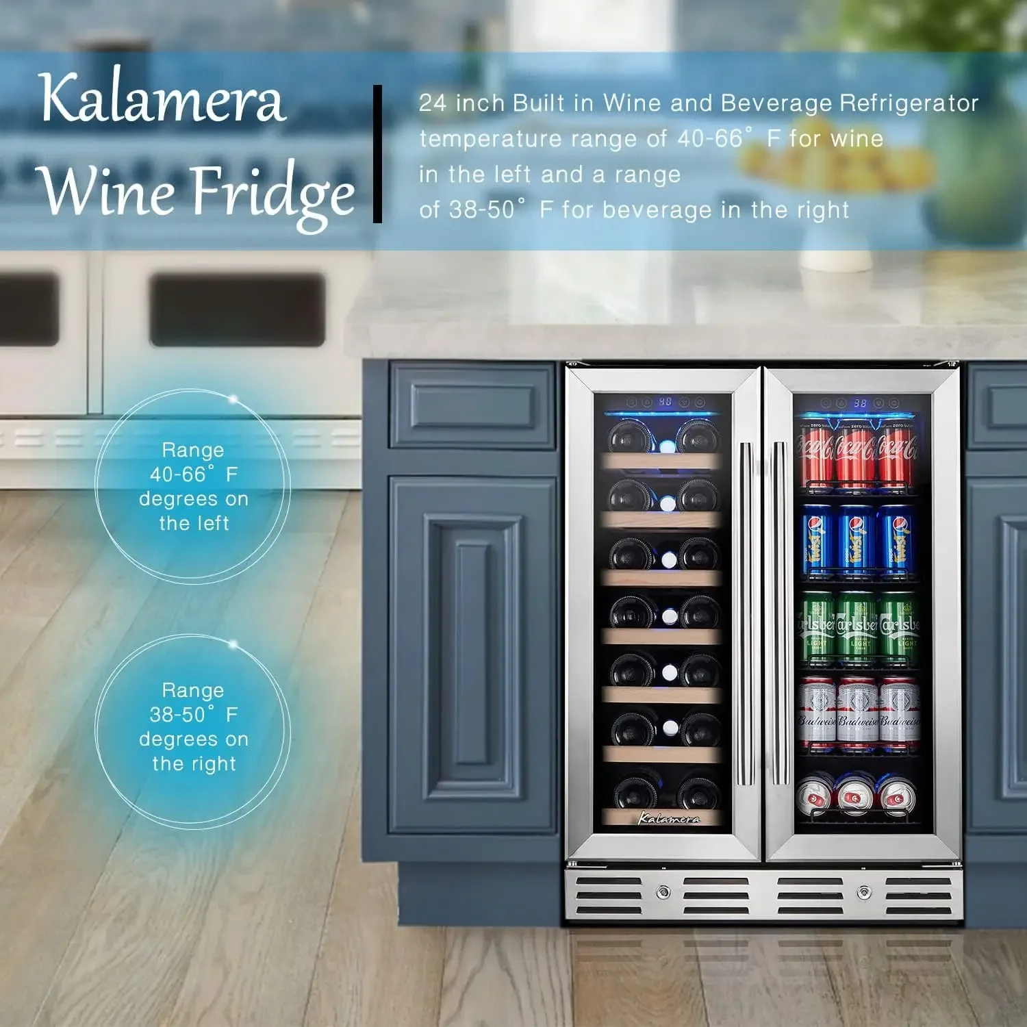 Wein- und Getränkekühlschrank, 24-Zoll-Weinkühlschrank mit zwei Zonen, 20 Flaschen und 78 Dosen, digitale Touch-Steuerung, integriert