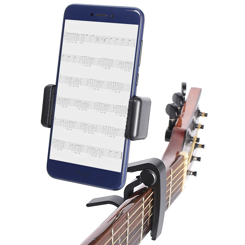 Guitar Mobile Phone Holder Capo Music Score Clip Stand Guitar 2 in 1 Support Bracket for Bass Folk/Electric Guitar