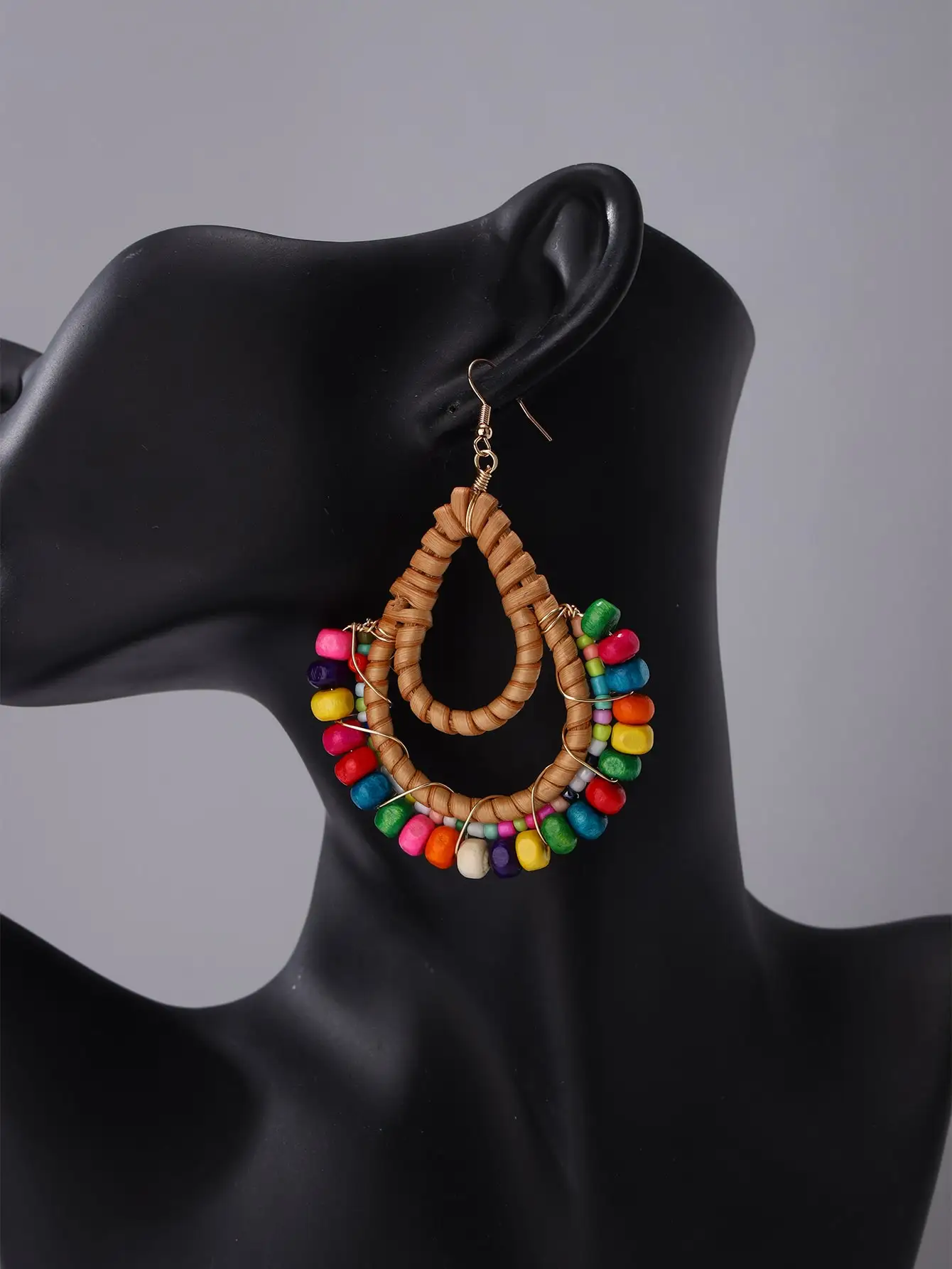 1 pair of pastoral wood bead textile exaggerated fashion long handmade rattan woven women's earrings jewelry