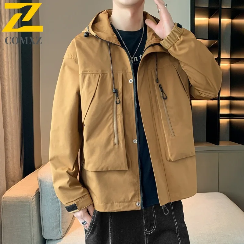 

COMXZ 2024, мужская рабочая одежда, весенне-осенняя модная куртка с капюшоном, черная стильная повседневная легкая верхняя одежда