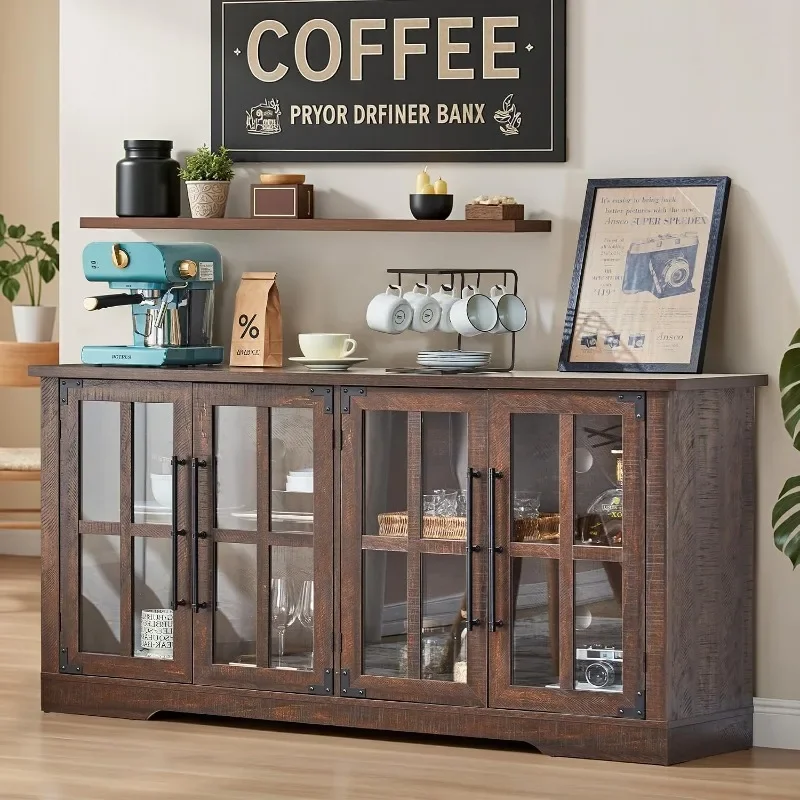AMERLIFE Farmhouse Buffet Sideboard Cabinet with Glass Door, Large Storage Cabinet with Adjustable Shelf, Wooden Coffee Bar