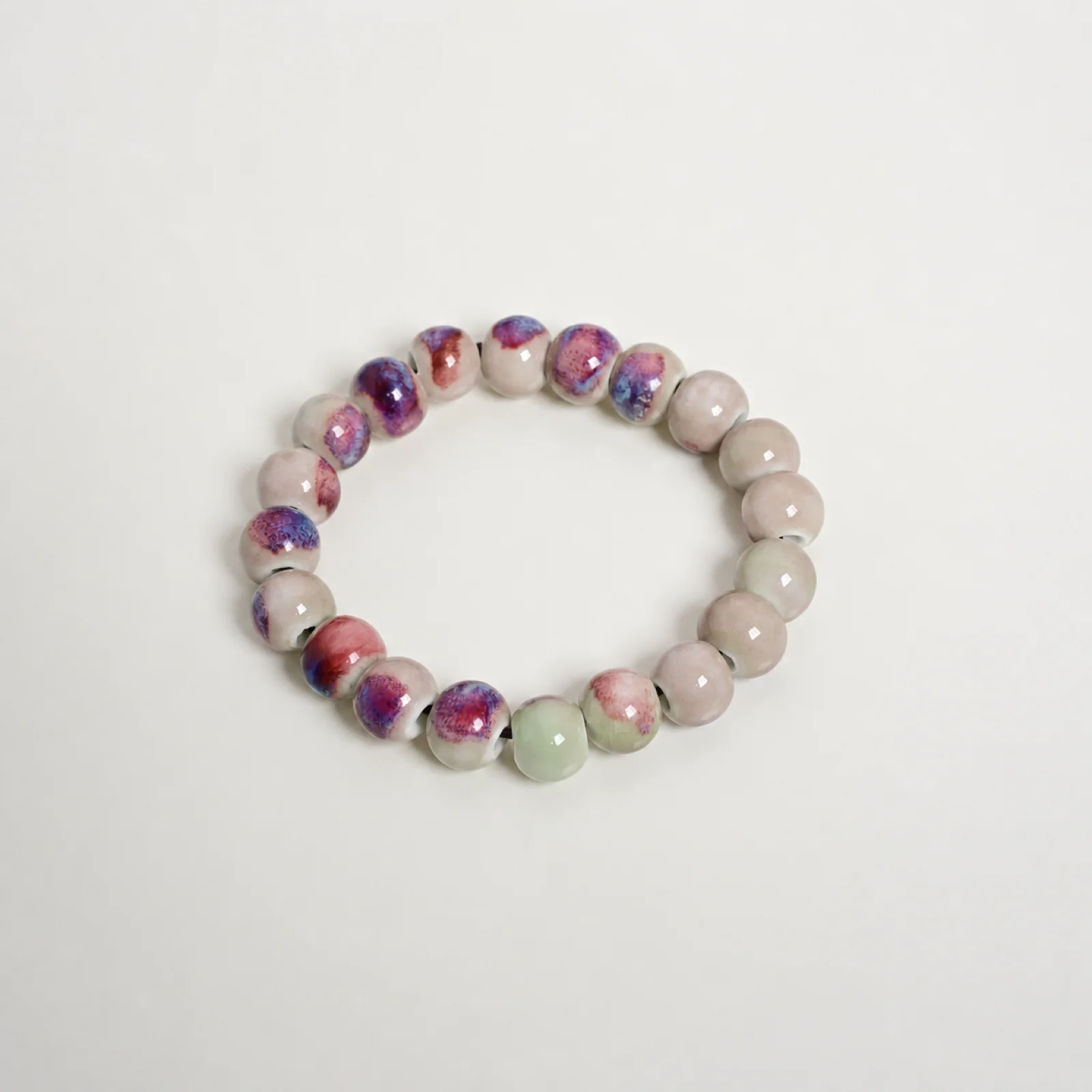 Light Gray Imperial Consort Handmade Ceramic Bead Bracelet with Elastic Cord and Handwoven Jewelry Accent 608P2-01