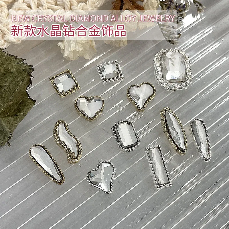 10Pcs Simple Design Nail Diamond Jewelry Alloy Heart/Square/Rhombus Multi-Shapes Gold/Silver Nail Art Metal Glass Manicure Tips