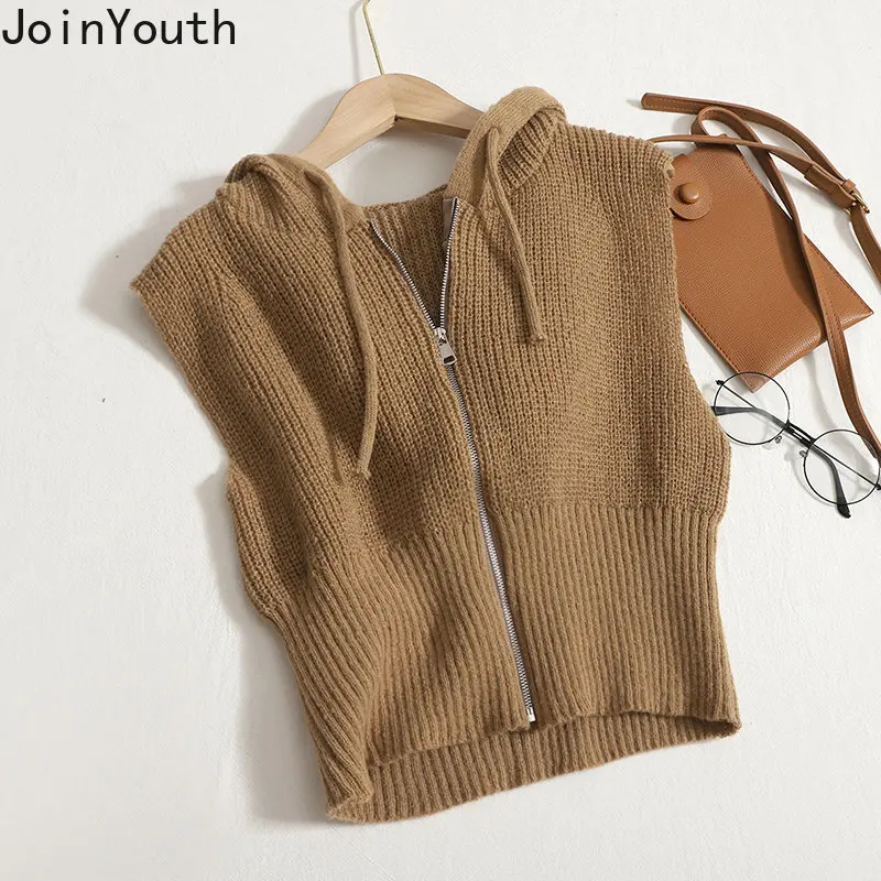 Fashion Crop Tops Knit Sweater Vest Women Zipper Hooded Sleeveless Cardigan Waistcoat Y2k Clothes Korean Casual Tanks Jackets