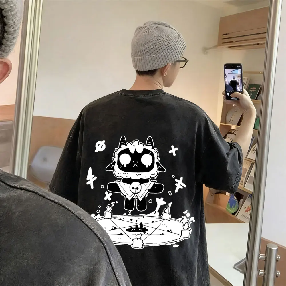 

Game Cult of The Lamb Vintage Washed T-shirt Men Women Cute Funny T-shirts Men's Casual Cotton Oversized Short Sleeve T Shirts