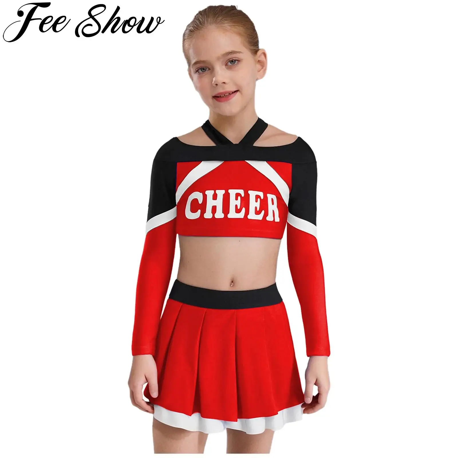 Teen Girls Cheerleader Uniform Cheerleading Cheer Dance Performance Costume Long Sleeve Letter Print Crop Top with Pleated Skirt
