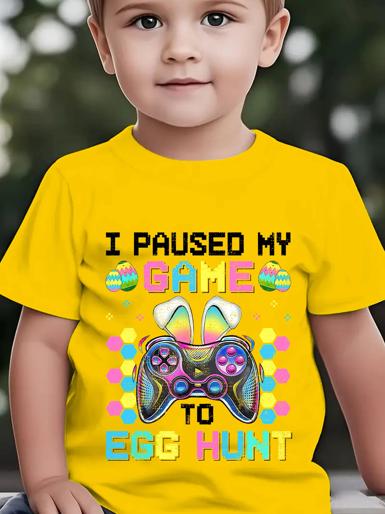 Camiseta Casual de Verão para Meninos com Estampa de Controle de Jogo e Orelhas de Coelho, Manga Curta