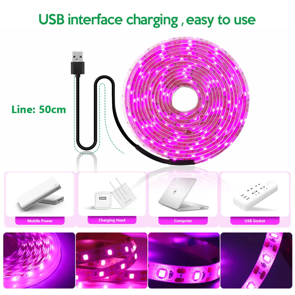 5V USB Led roślina światło rozproszone 2M 5M 5M pełne spektrum lampy hydroponiczne lampy do wzrostu rośliny doniczkowe kwiaty szklarniowe nasiona