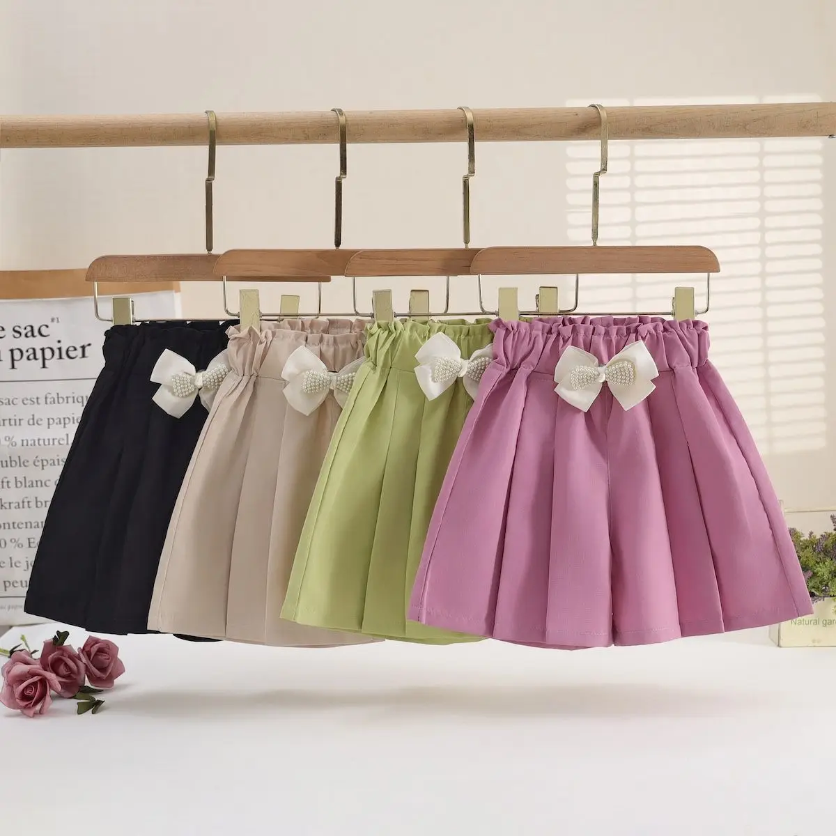 2026 Summer Girls Skirt-Pants Thin Shorts Childrens Wide-Leg Loose Style with Bow Casual Fashionable Versatile for Girls