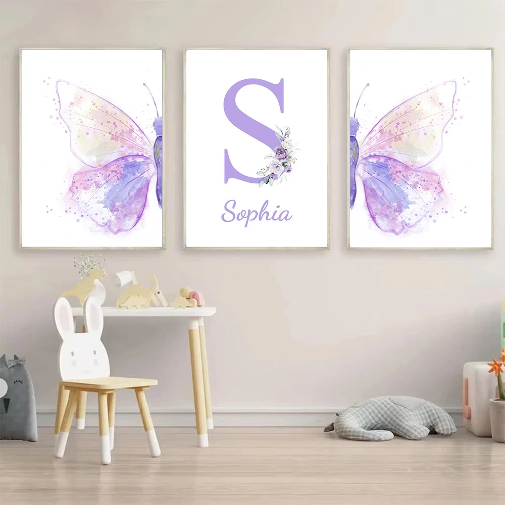 Custom Name Wall Art Personalized Purple Butterfly Canvas Painting Nursery Art Poster Nordic Print